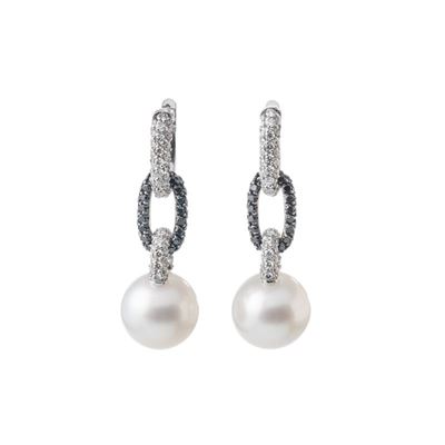 Orecchini, Oro bianco 18 kt con perle coltivate e diamanti bianchi e neri