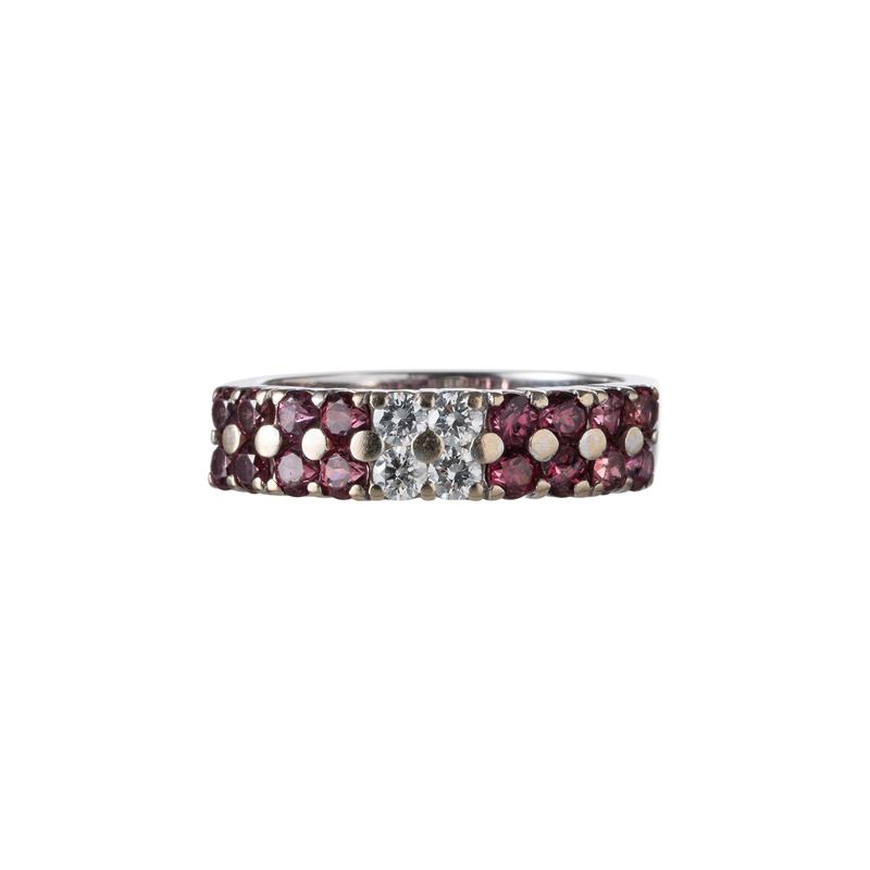 Coppia di anelli, oro bianco 18 kt con brillanti e tormaline rosa