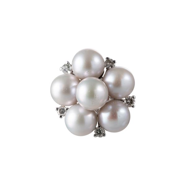 ANELLO IN ORO BIANCO 14KT CON PERLE E DIAMANTI