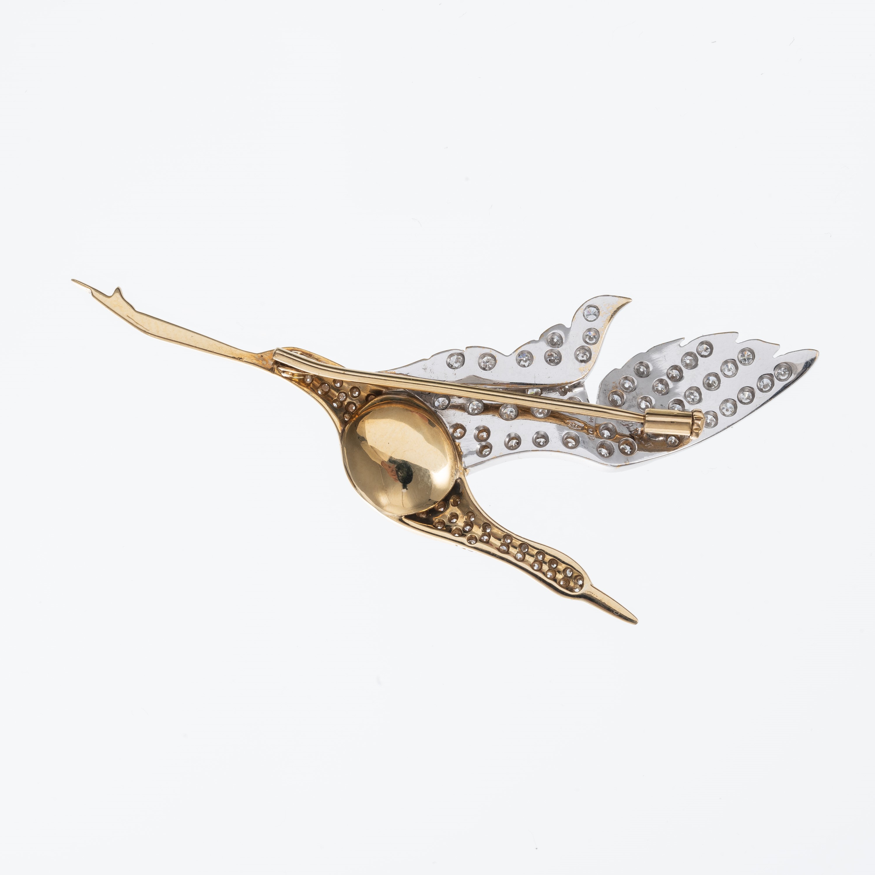Spilla in oro bianco e oro giallo 18 kt a forma di uccello con perla grigia e diamanti