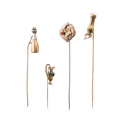Oro giallo 18 kt, Spilloni da cravatta (5 pezzi) con motivo a fiorettto e soggetti decorativi