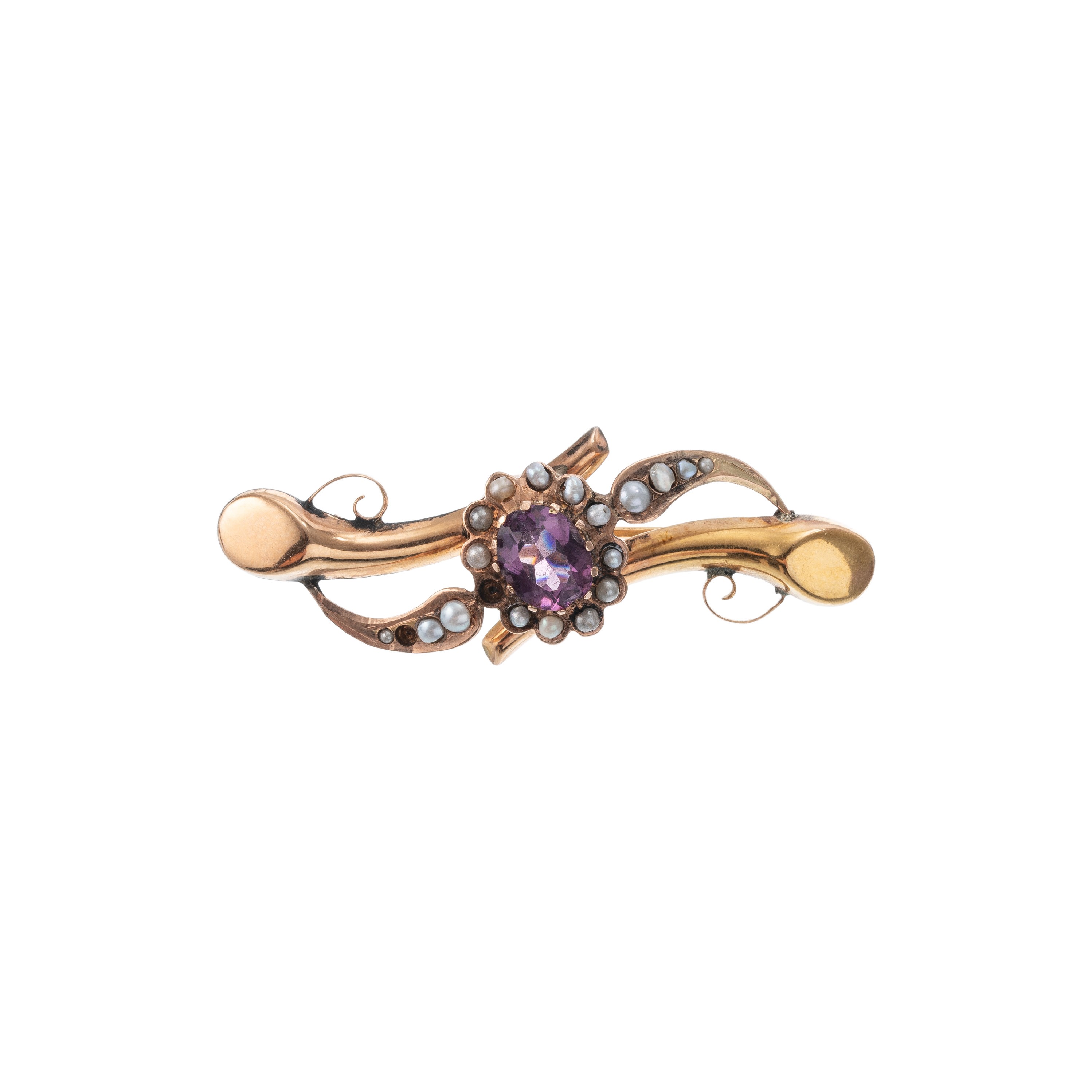 Doppia spilla in oro 18 kt con perline coltivate, pietre sintetiche blu e viola a motivo floreale...