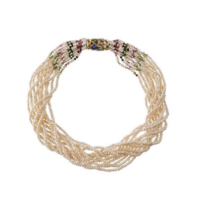 Torchon di perle di fiume e tormaline con chiusura in oro giallo 18 kt e pietre semi-preziose