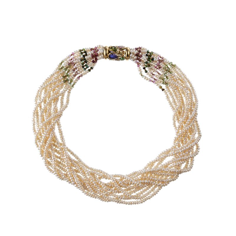 Torchon di perle di fiume e tormaline con chiusura in oro giallo 18 kt e pietre semi-preziose