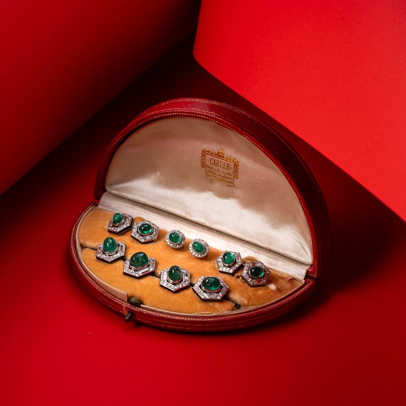 Cartier - Set di gemelli in oro giallo 14 kt e platino con smeraldi e diamanti
