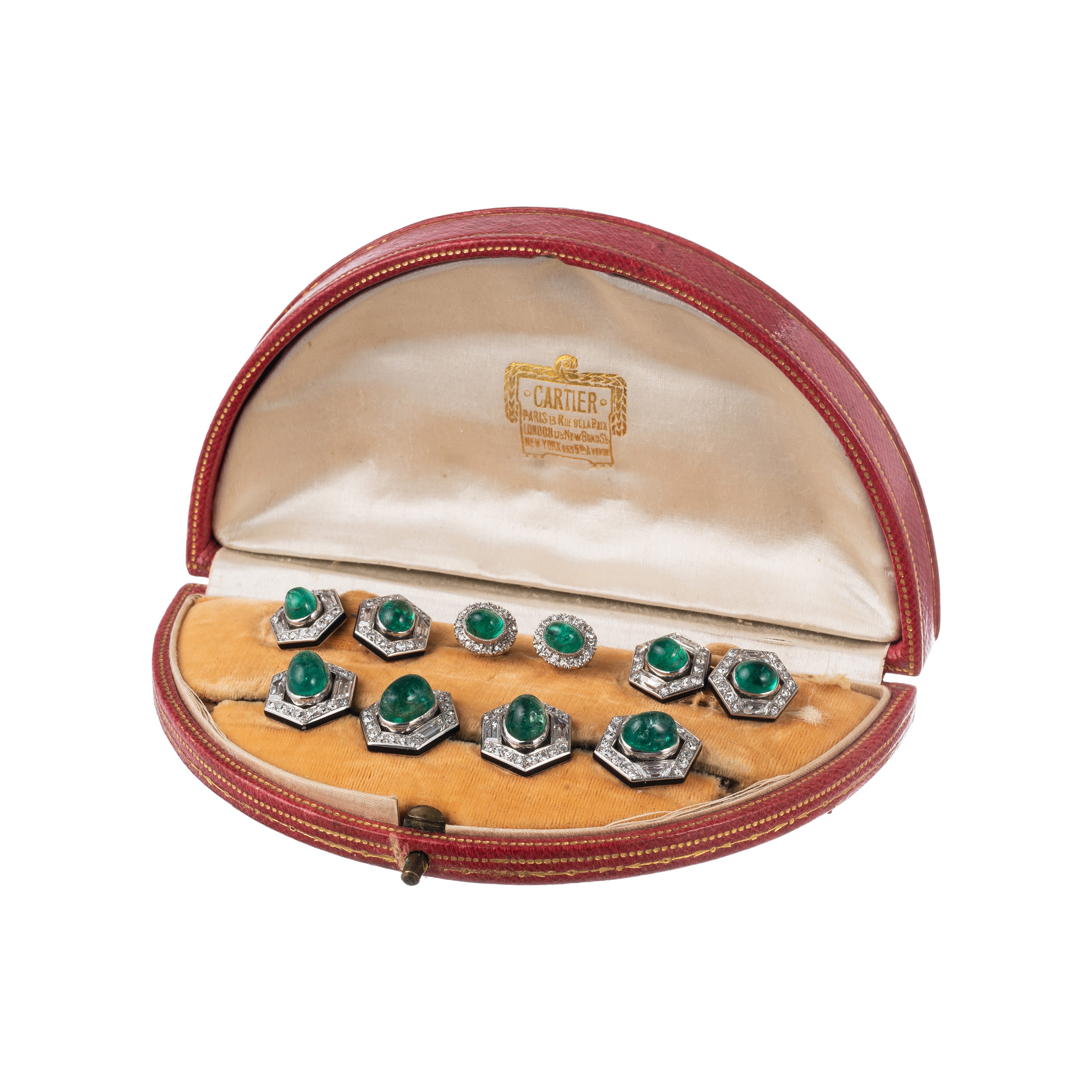 Cartier - Set di gemelli in oro giallo 14 kt e platino con smeraldi e diamanti