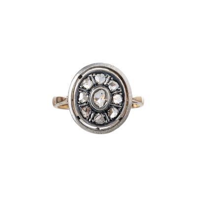 Anello in oro giallo 18 kt, argento e diamanti con rosette