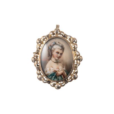 Spilla con miniatura, raffigurazione di figura femminile dipinta su ceramica, 1890