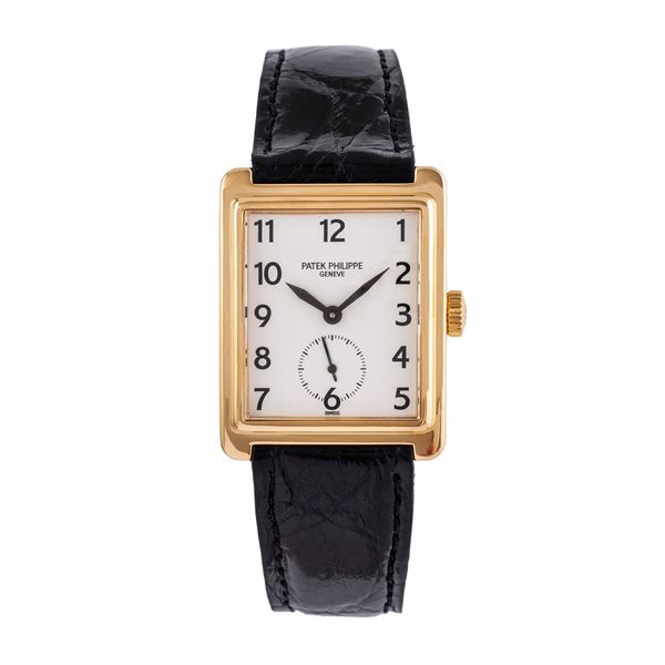 PATEK PHILIPPE - PATEK PHILIPPE - GONDOLO OROLOGIO SOLOTEMPO IN ORO GIALLO 18KT CON CASSA A SCALINO, PICCOLI SECONDI AD ORE SEI E QUADRANTE ARGENTE'