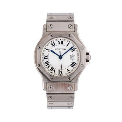Santos Octagon 2965, orologio da polso automatico in acciaio con quadrante bianco e datario