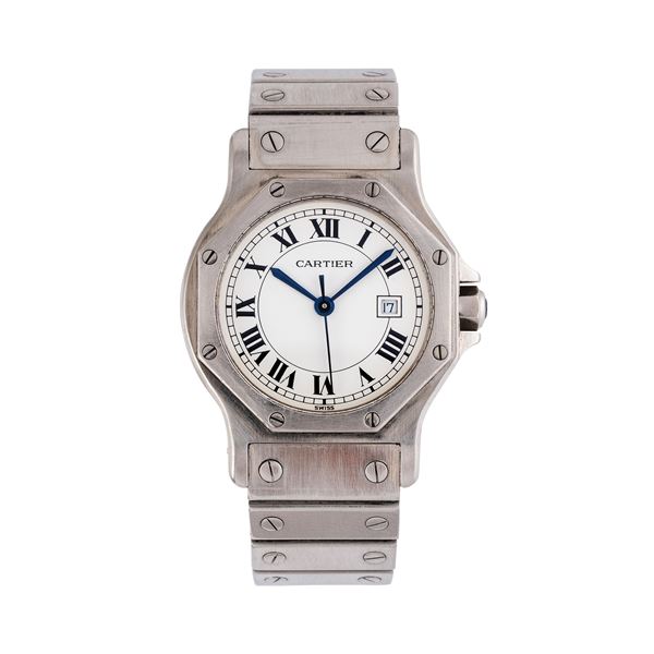 CARTIER - CARTIER - SANTOS OCTAGON OROLOGIO IN ACCIAIO A CARICA AUTOMATICA CON QUADRANTE BIANCO E DATARIO AD ORE TRE