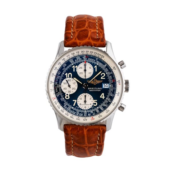 BREITLING - BREITLING - NAVITIMER CRONOGRAFO IN ACCIAIO A CARICA AUTOMATICA CON QUADRANTE BLU, CONTATORI VERTICALI E DATARIO AD ORE TRE.