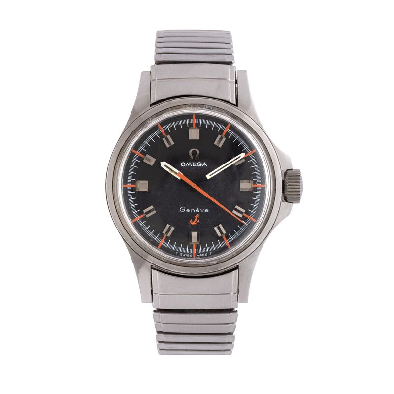 Omega - Orologio da polso Genève “Ancoretta” in acciaio, carica manuale, quadrante nero e arancio...