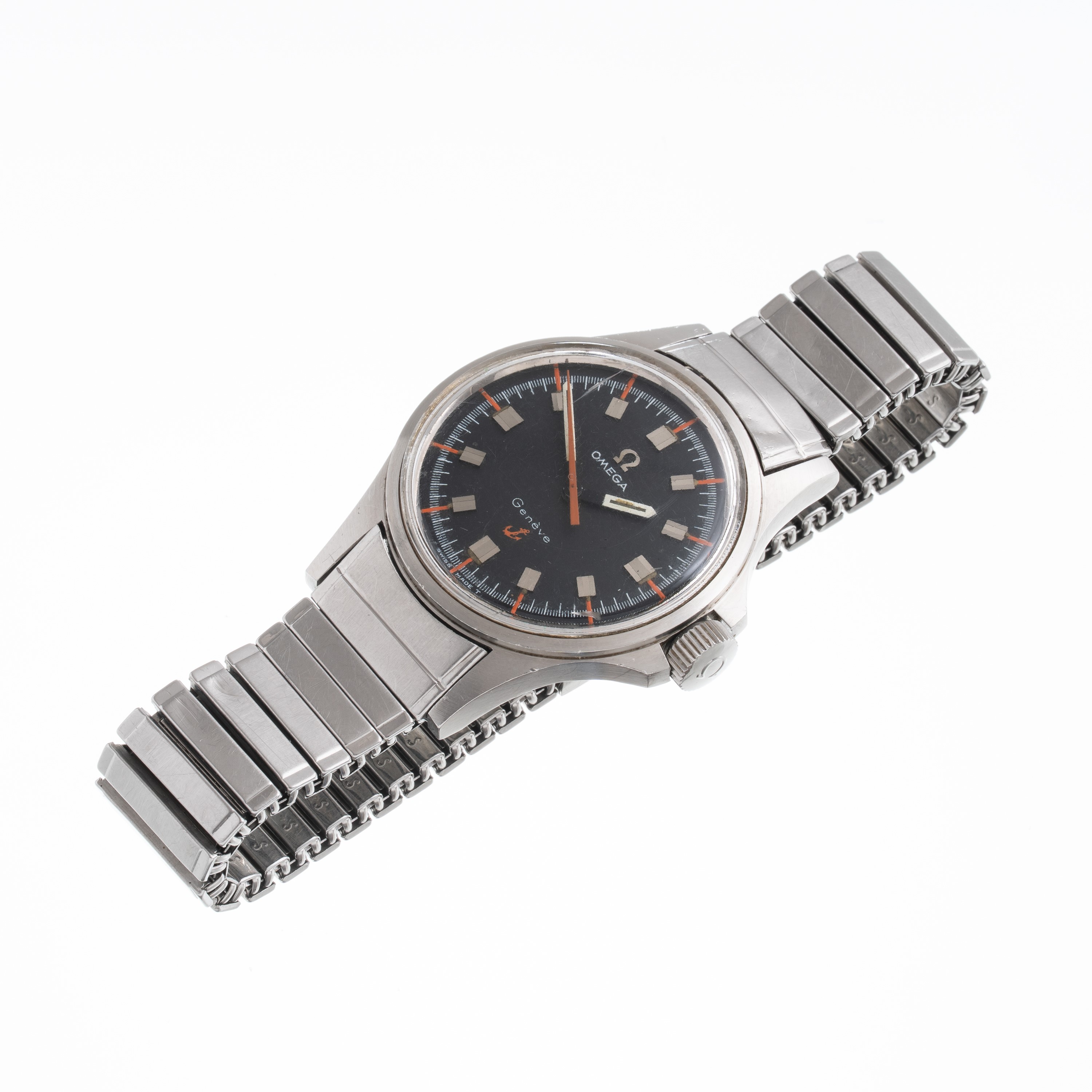 Omega - Orologio da polso Genève “Ancoretta” in acciaio, carica manuale, quadrante nero e arancio...