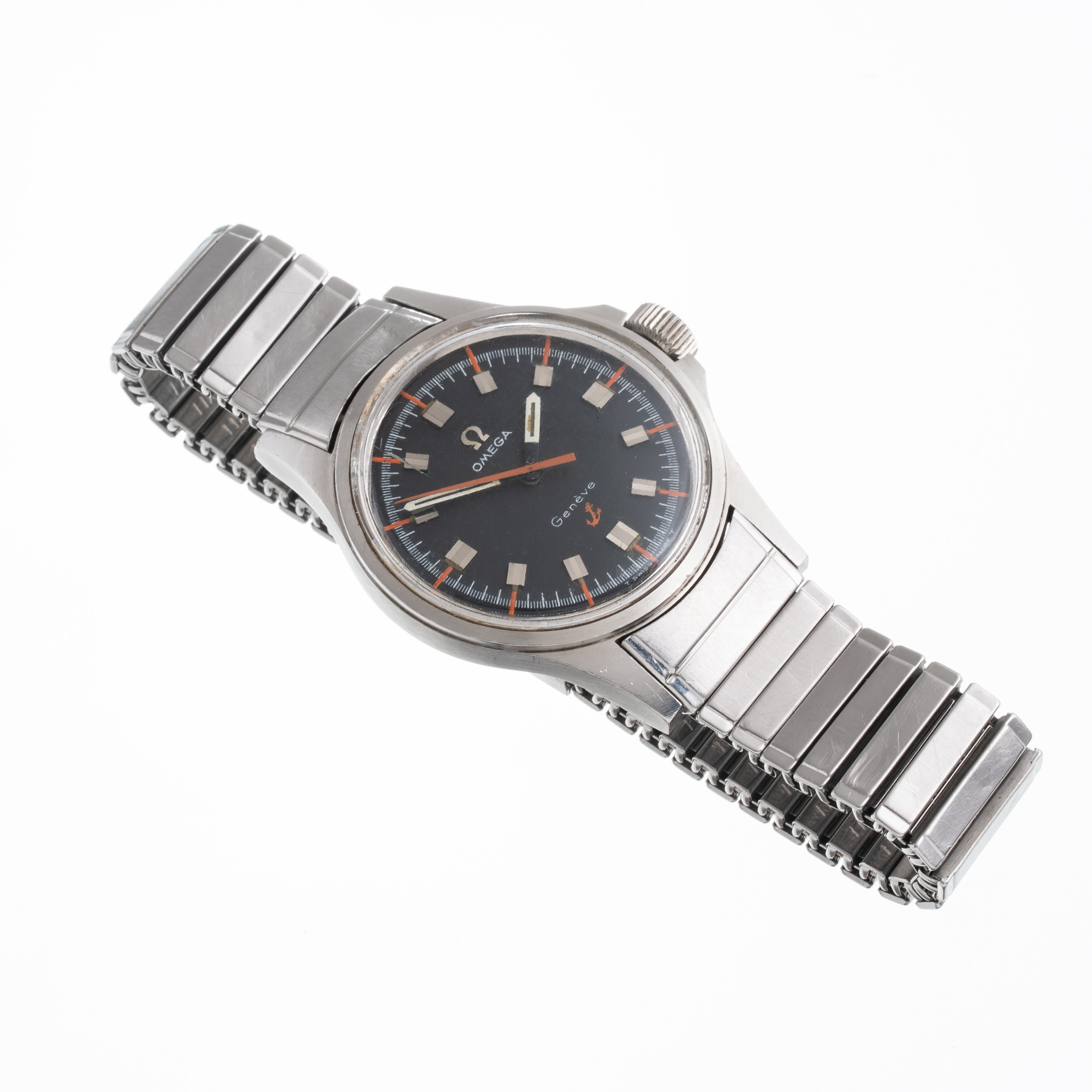 Omega - Orologio da polso Genève “Ancoretta” in acciaio, carica manuale, quadrante nero e arancio...