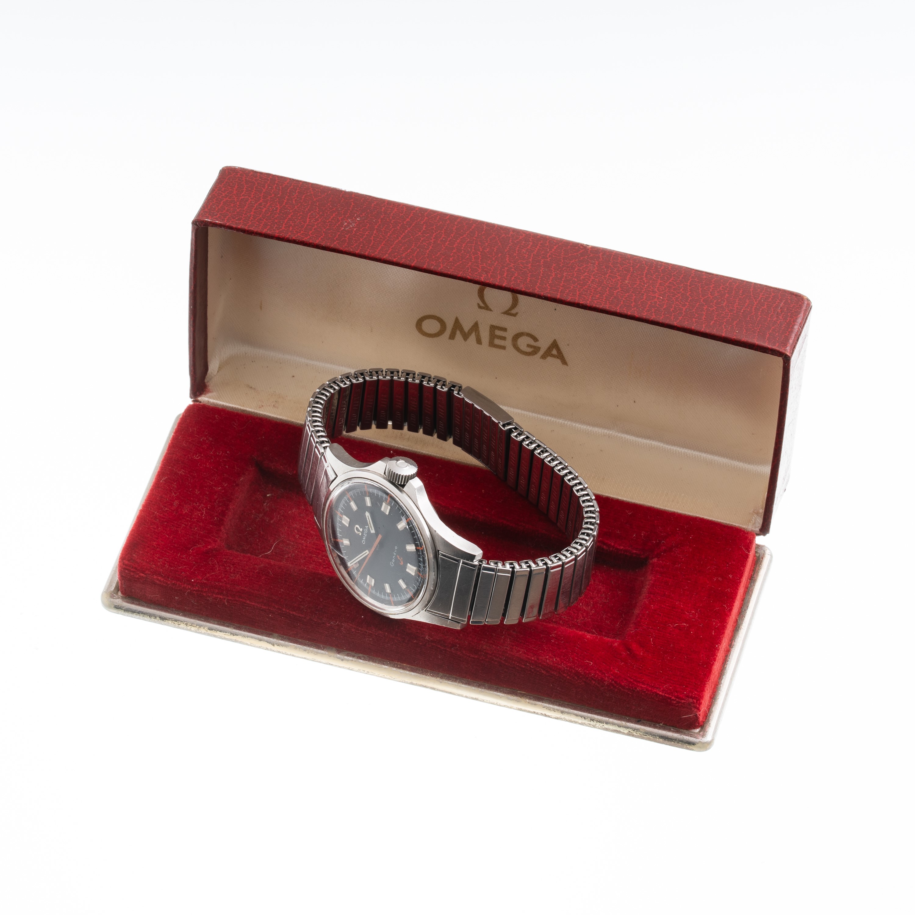 Omega - Orologio da polso Genève “Ancoretta” in acciaio, carica manuale, quadrante nero e arancio...