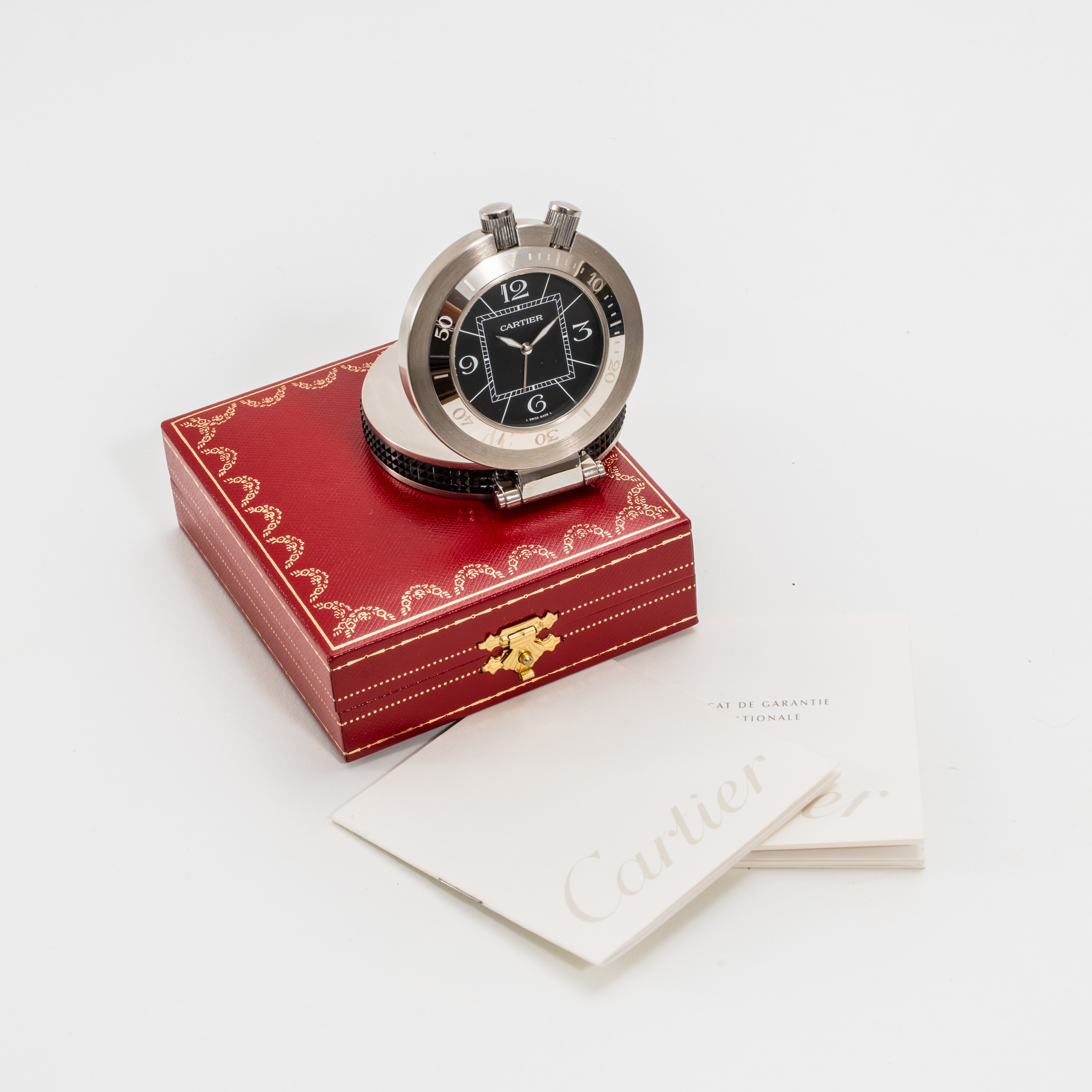 Cartier - Pasha Desk Clock 2876 - orologio da tavolo in acciaio al quarzo con quadrante nero