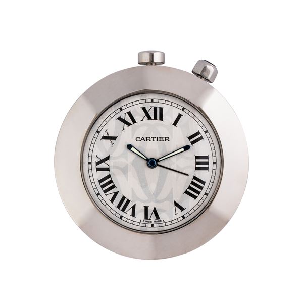 CARTIER - CARTIER - TRAVEL TABLE CLOCK OROLOGIO DA TAVOLO AL QUARZO IN ACCIAIO CON QUADRANTE GRIGIO