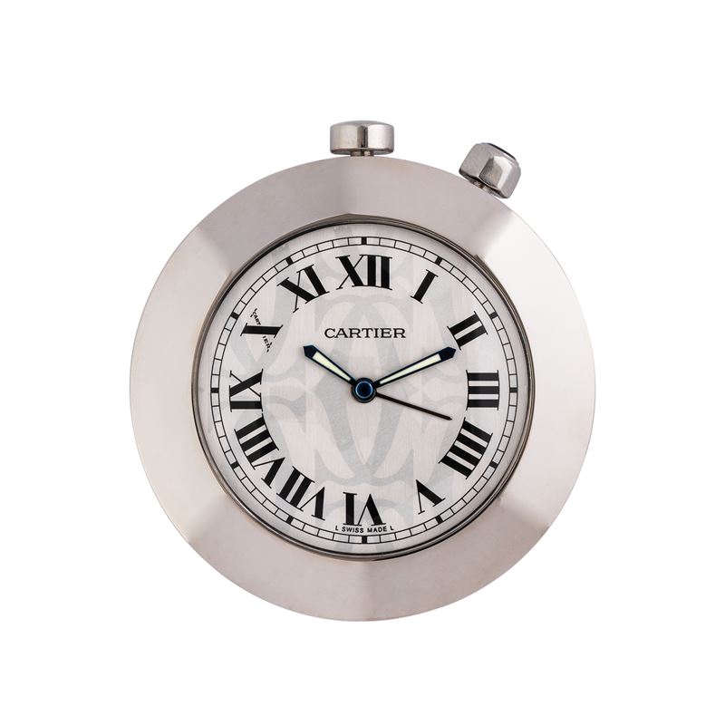 Cartier - Travel Table Clock 2751, orologio da tavolo al quarzo in acciaio con quadrante grigio