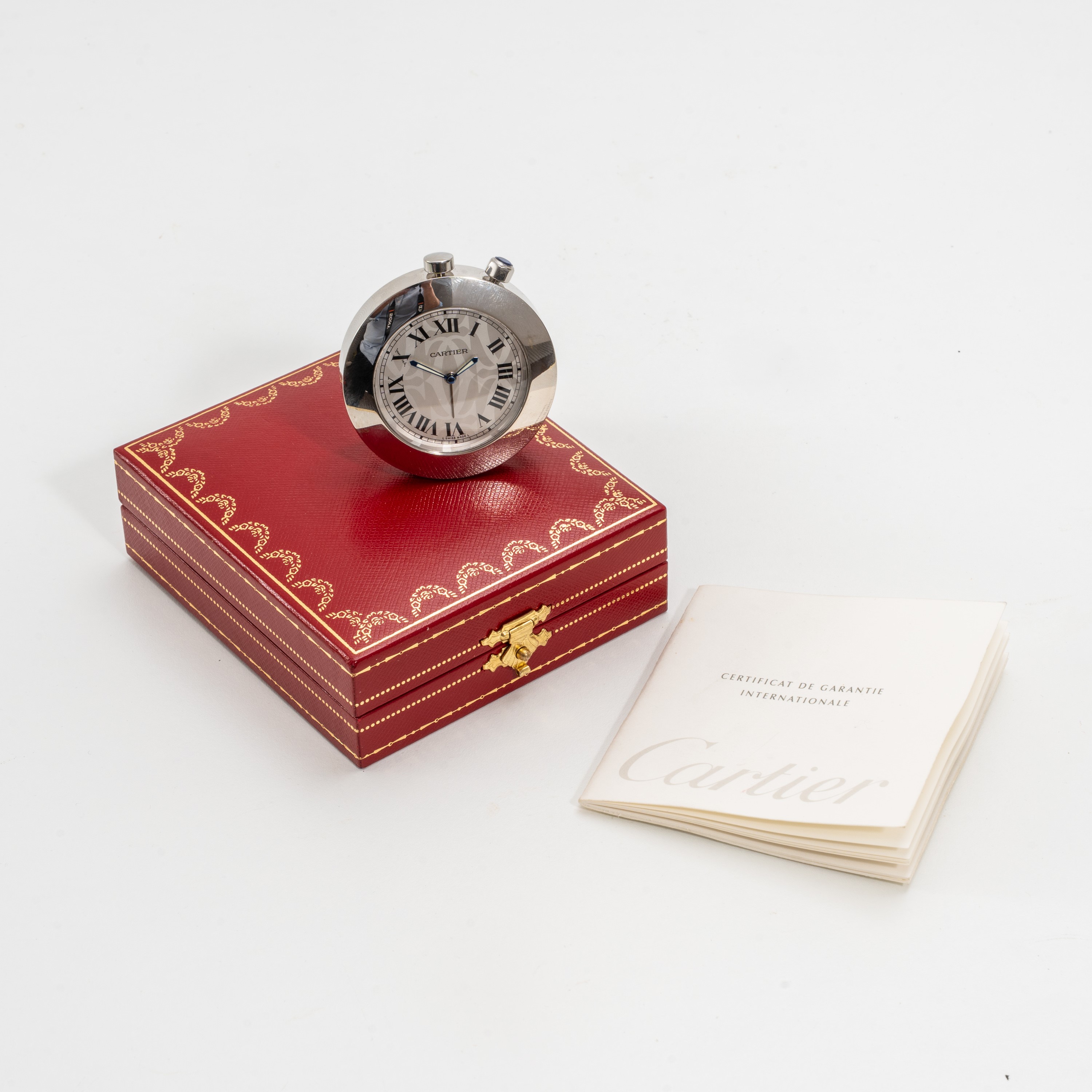 Cartier - Travel Table Clock 2751, orologio da tavolo al quarzo in acciaio con quadrante grigio
