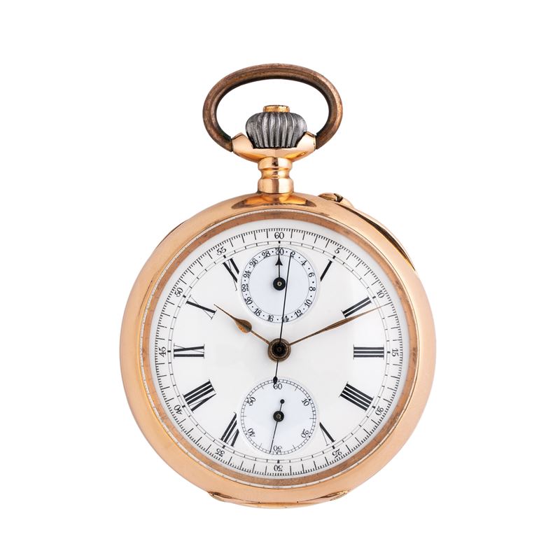 Cronografo da tasca, conta minuti, oro rosa 18 kt con quadrante in porcellana