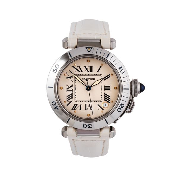 CARTIER - CARTIER - PASHA  OROLOGIO SOLO TEMPO A CARICA AUTOMATICA IN ACCIAIO CON QUADRANTE BIANCO E DATARIO AD ORE CINQUE