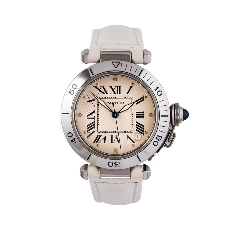 Cartier - Pasha, orologio solo tempo automatico in acciaio con quadrante bianco e datario