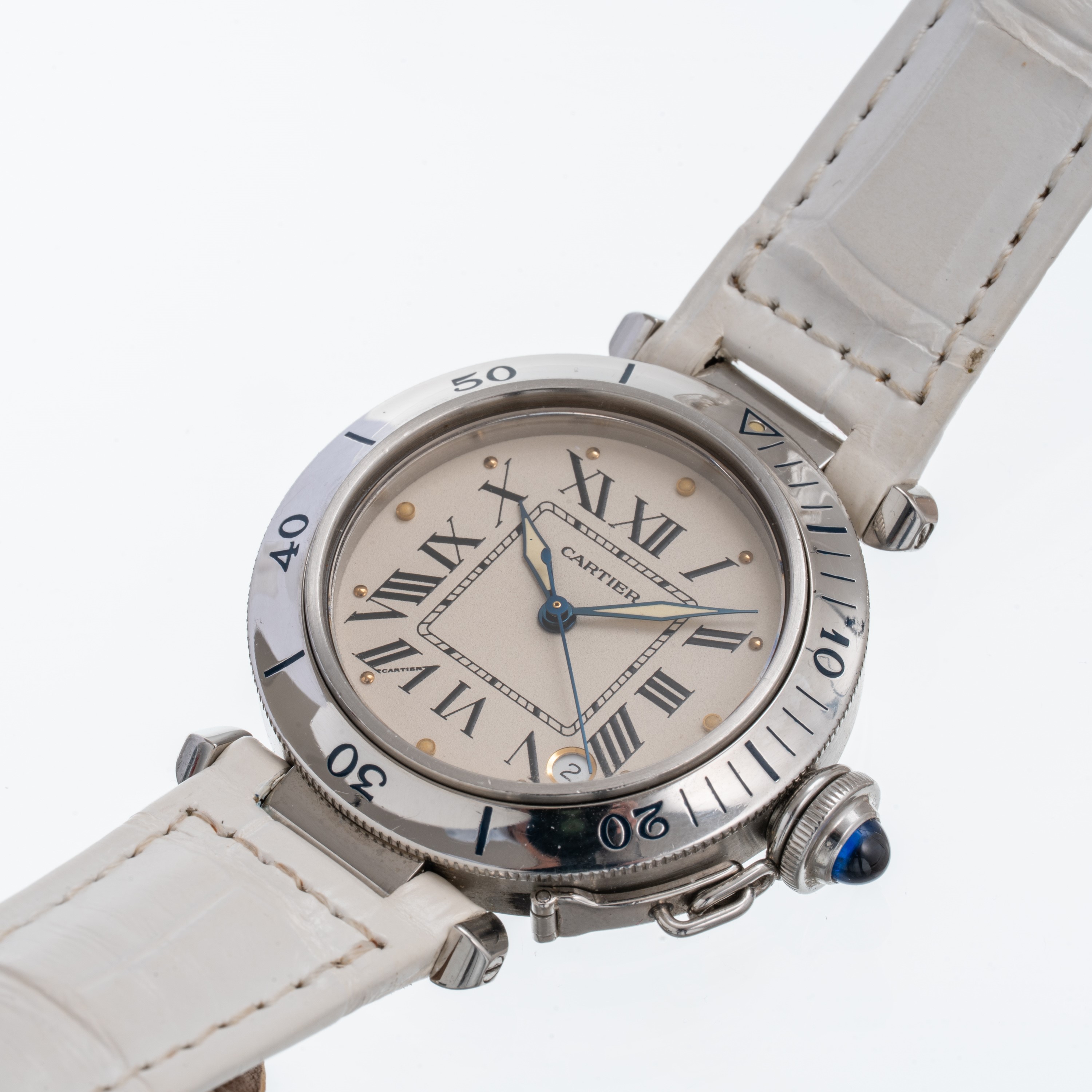 Cartier - Pasha, orologio solo tempo automatico in acciaio con quadrante bianco e datario