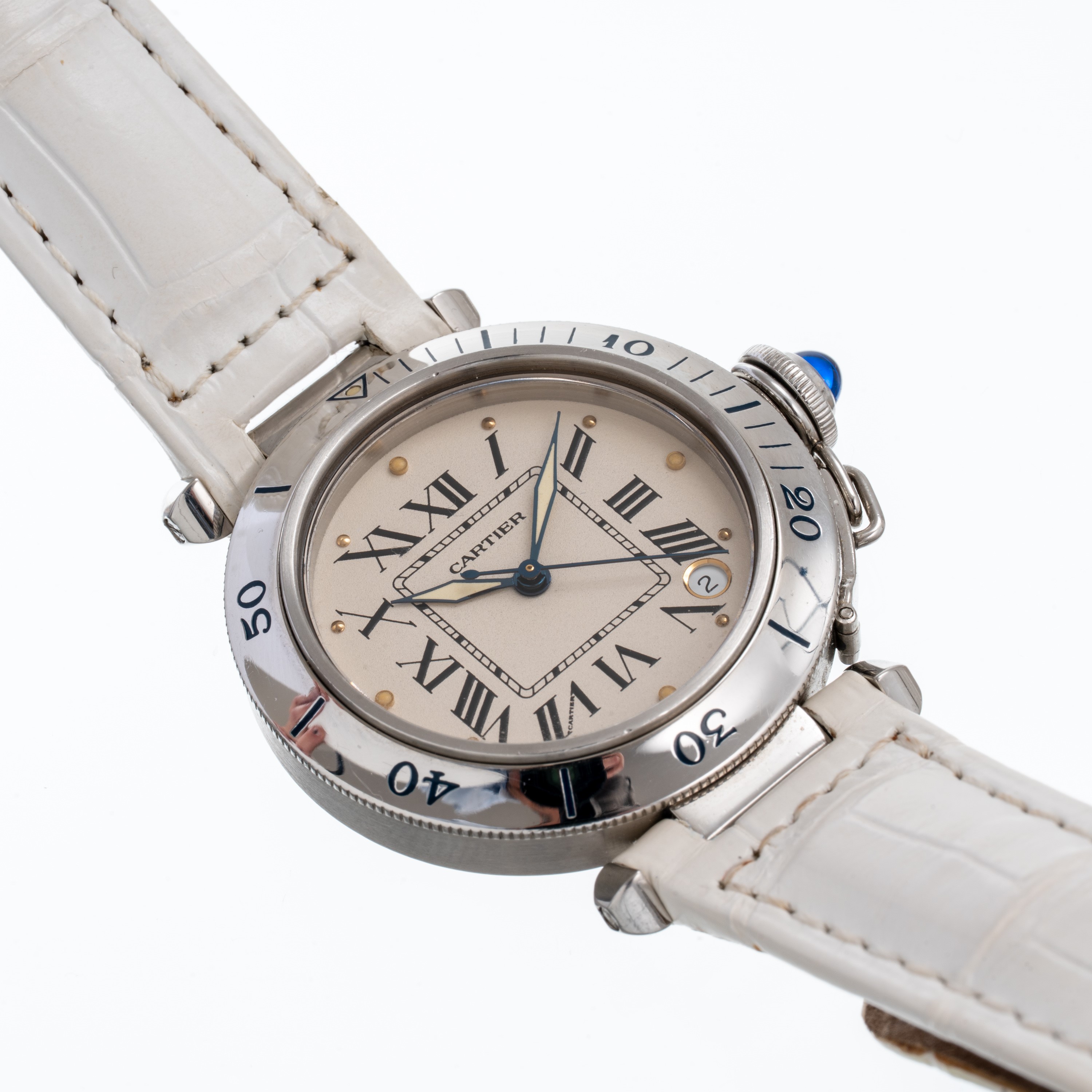 Cartier - Pasha, orologio solo tempo automatico in acciaio con quadrante bianco e datario