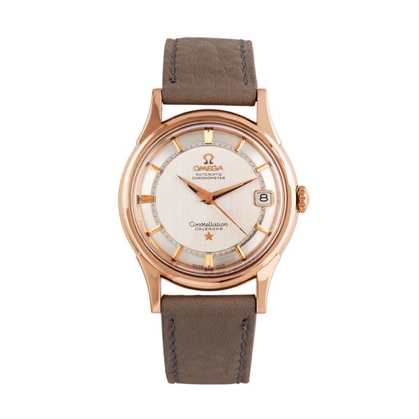 OMEGA - OMEGA - CONSTELLATION CALENDAR OROLOGIO SOLO TEMPO A CARICA AUTOMATICA IN ORO ROSA 18KT CON QUADRANTE GRIGIO E DATARIO AD ORE TRE.
