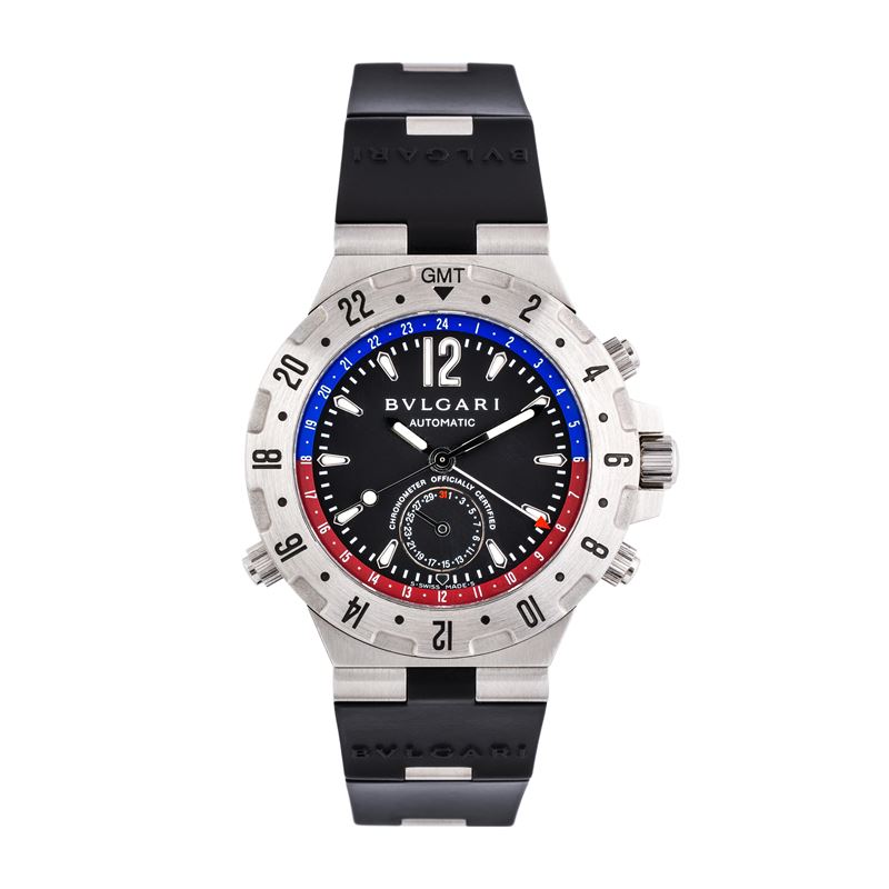 Bulgari - Diagono GMT, orologio GMT automatico in acciaio con quadrante nero e datario a ore 6