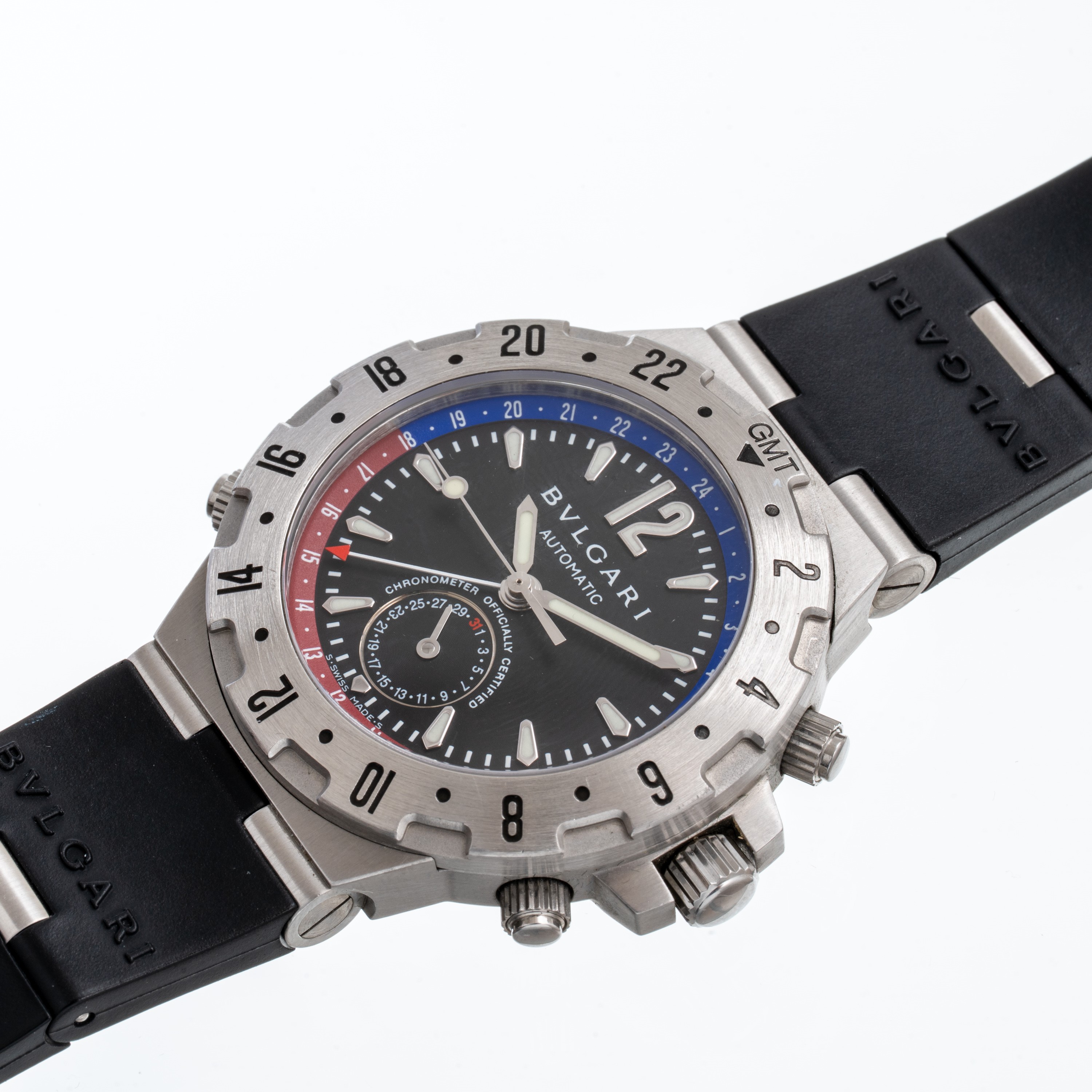 Bulgari - Diagono GMT, orologio GMT automatico in acciaio con quadrante nero e datario a ore 6
