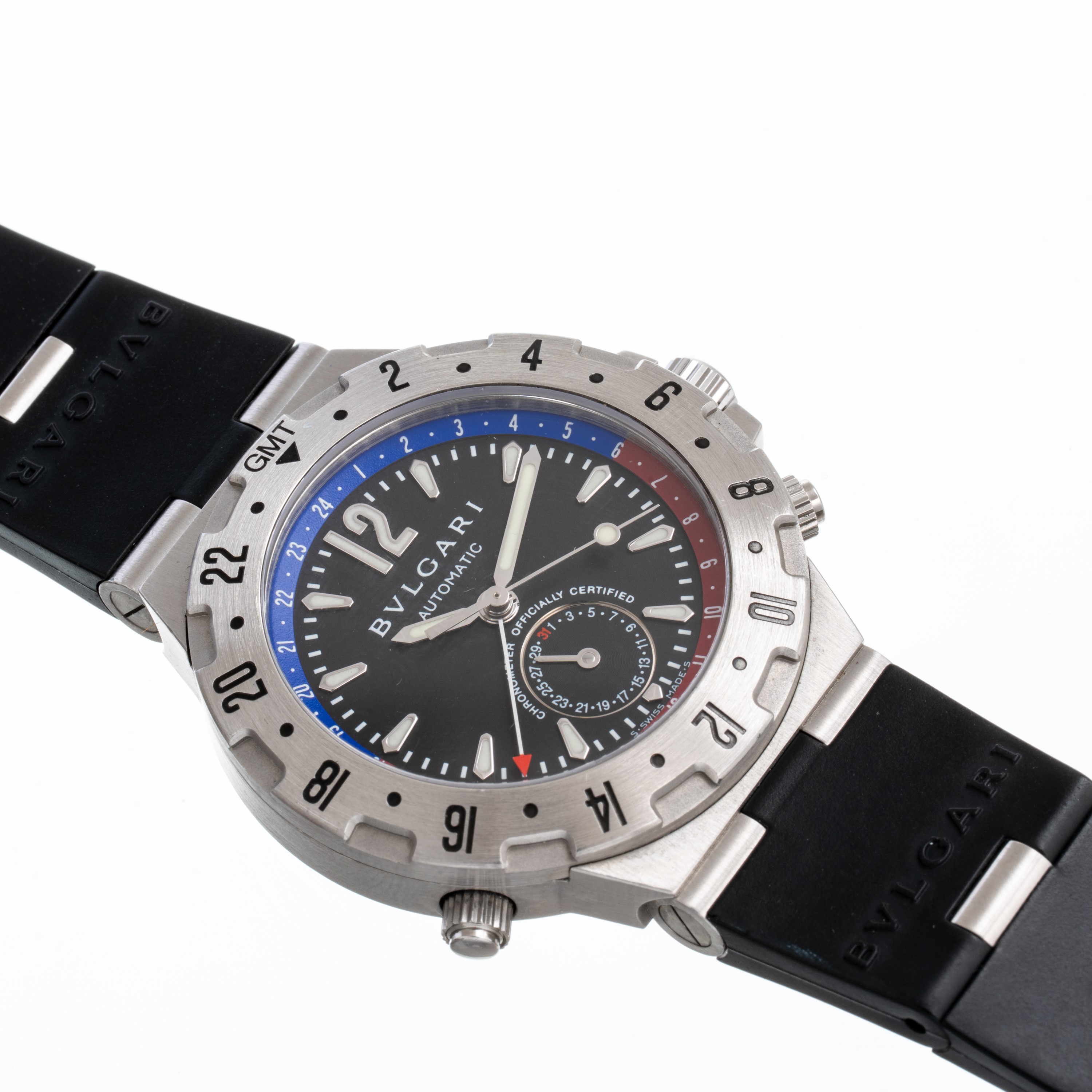 Bulgari - Diagono GMT, orologio GMT automatico in acciaio con quadrante nero e datario a ore 6