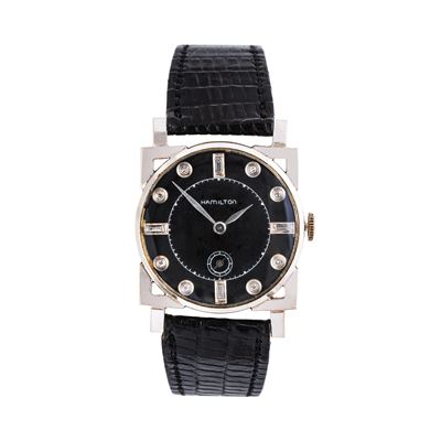 Orologio da polso art déco in oro bianco 14 kt con quadrante nero, indici diamantati e movimento ...