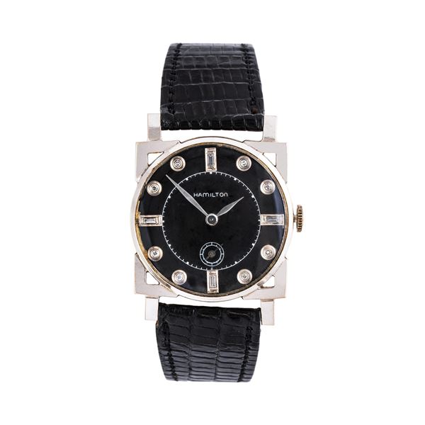 HAMILTON - HAMILTON - ART DECO' OROLOGIO A CARICA MANUALE IN ORO BIANCO 14KT CON QUADRANTE NERO E INDICI DIAMANTI TAGLIO BRILLANTI