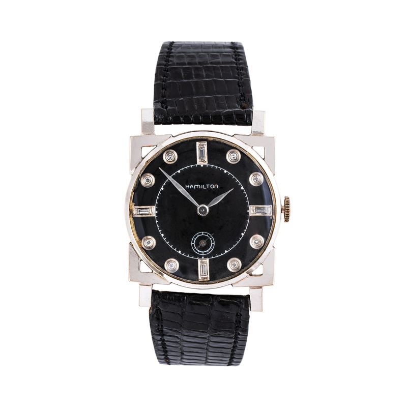 Hamilton - Orologio da polso art déco in oro bianco 14 kt con quadrante nero, indici diamantati e...