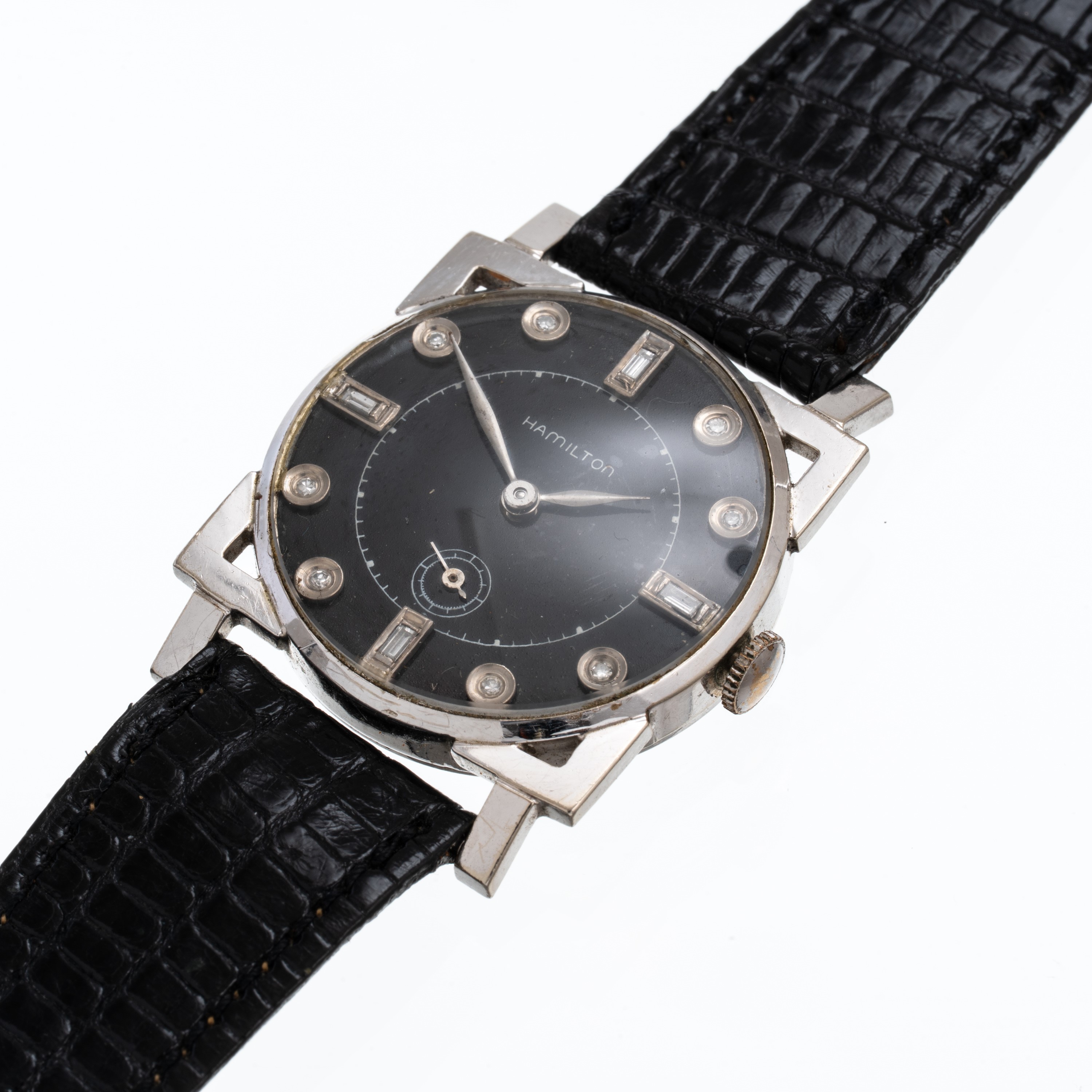 Hamilton - Orologio da polso art déco in oro bianco 14 kt con quadrante nero, indici diamantati e...