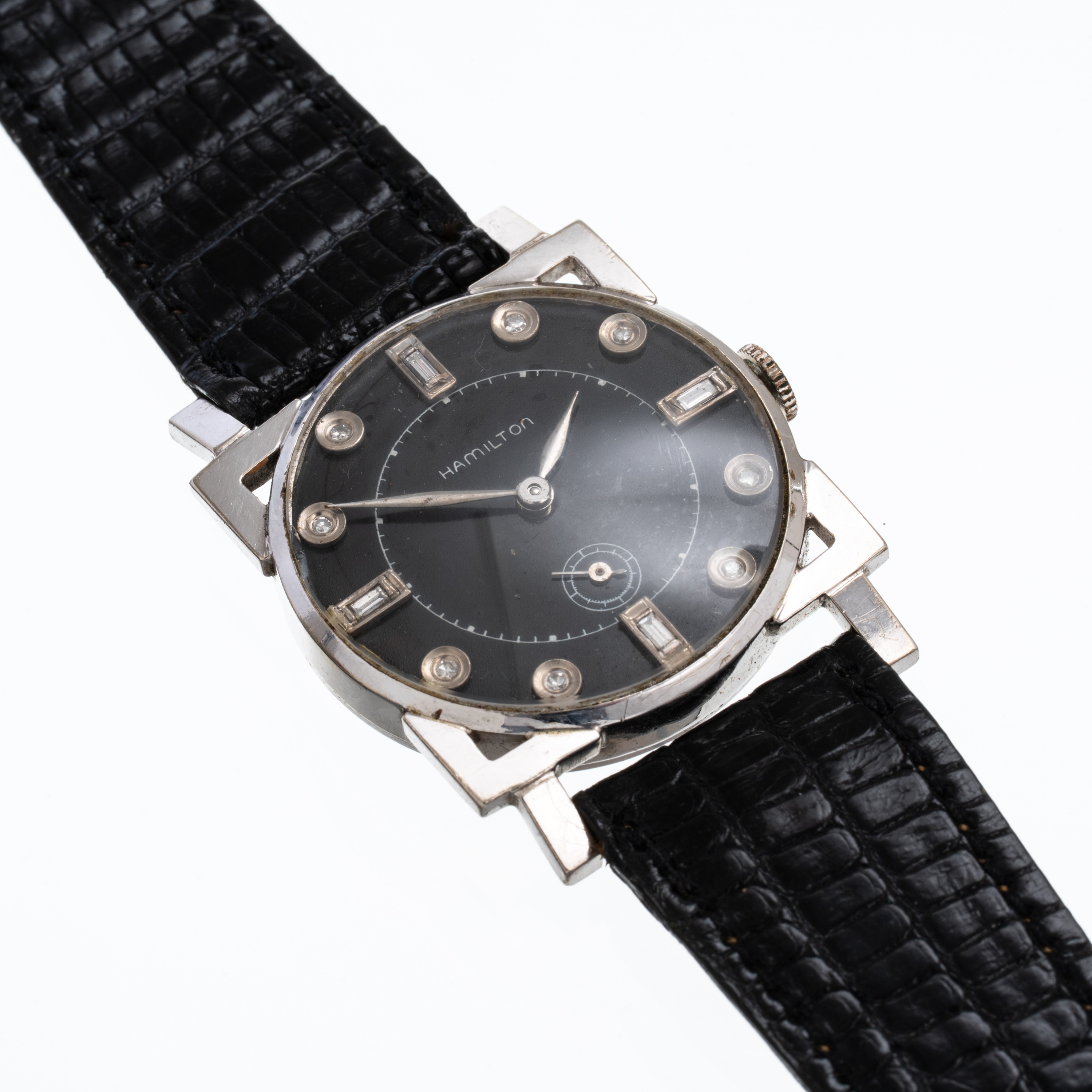 Hamilton - Orologio da polso art déco in oro bianco 14 kt con quadrante nero, indici diamantati e...
