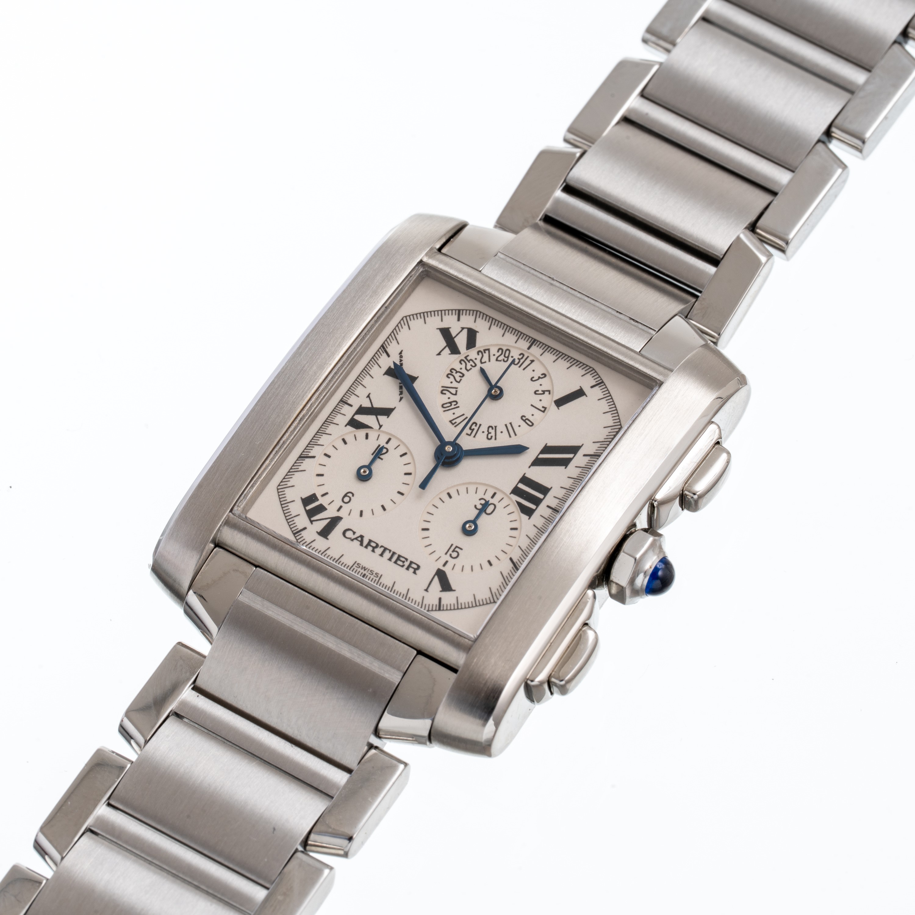 Cartier - Tank Francaise Chrono — cronografo al quarzo in acciaio, quadrante bianco e datario a o...