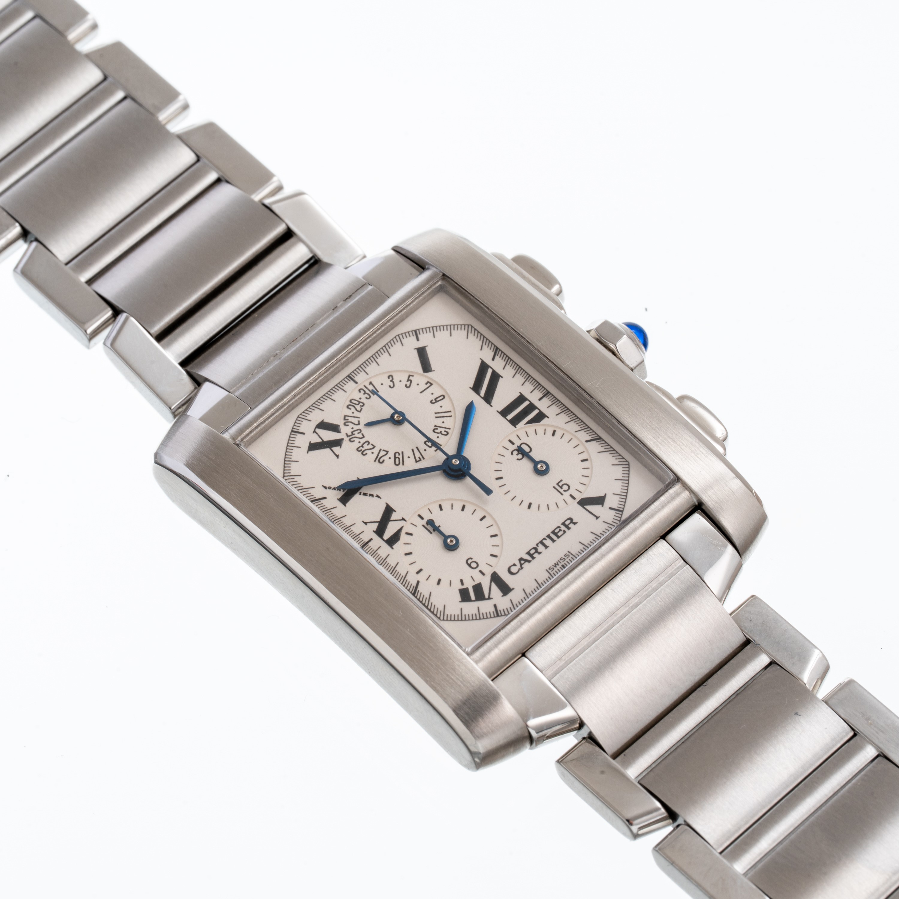 Cartier - Tank Francaise Chrono — cronografo al quarzo in acciaio, quadrante bianco e datario a o...