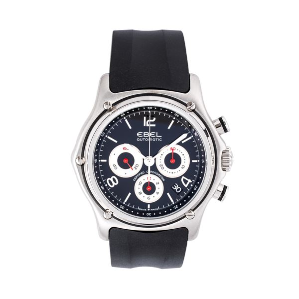 EBEL - EBEL 1911 CHRONOGRAPH CRONOGRAFO A CARICA AUTOMATICA IN ACCIAIO CON QUADRANTE NERO, FONDELLO A VISTA E DATARIO AD ORE QUATTRO