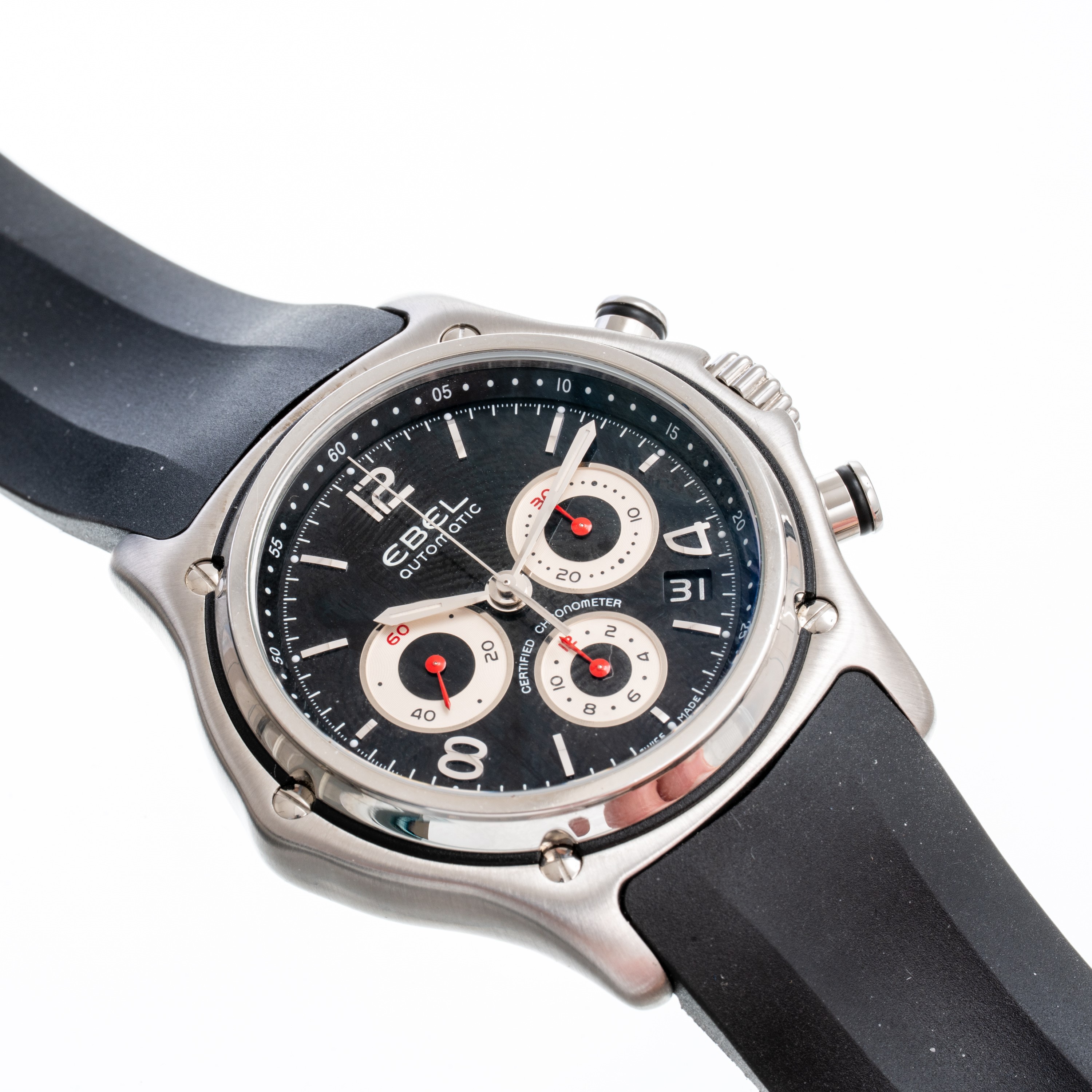 Ebel - 1911 Chronograph, cronografo automatico in acciaio con quadrante nero