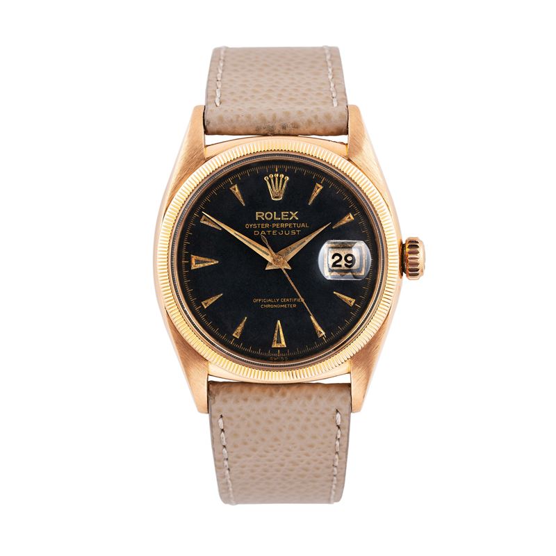 Rolex - Datejust “Ovettone” 6305 1, orologio solo tempo in oro rosa 18 kt con quadrante nero e da...