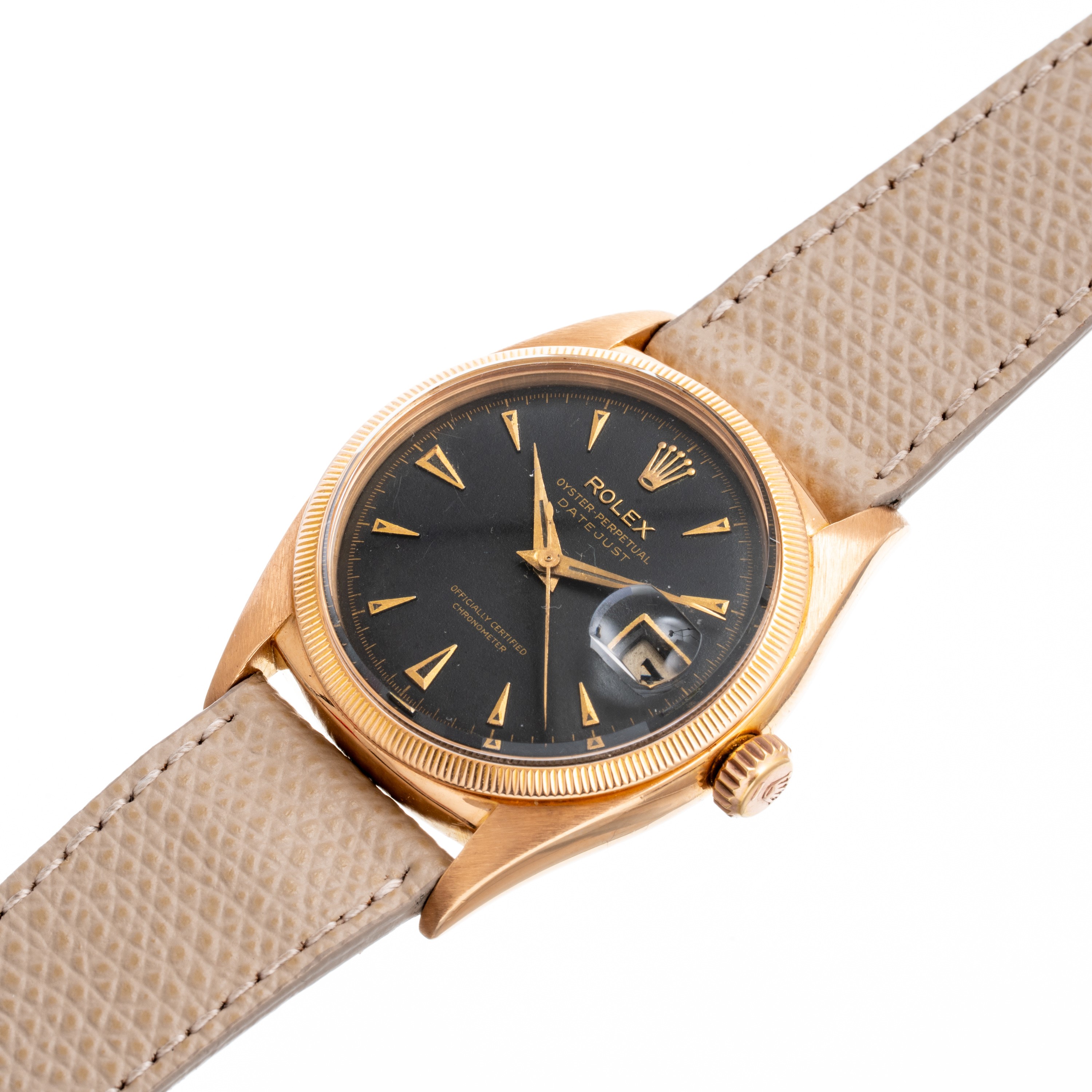 Rolex - Datejust “Ovettone” 6305 1, orologio solo tempo in oro rosa 18 kt con quadrante nero e da...