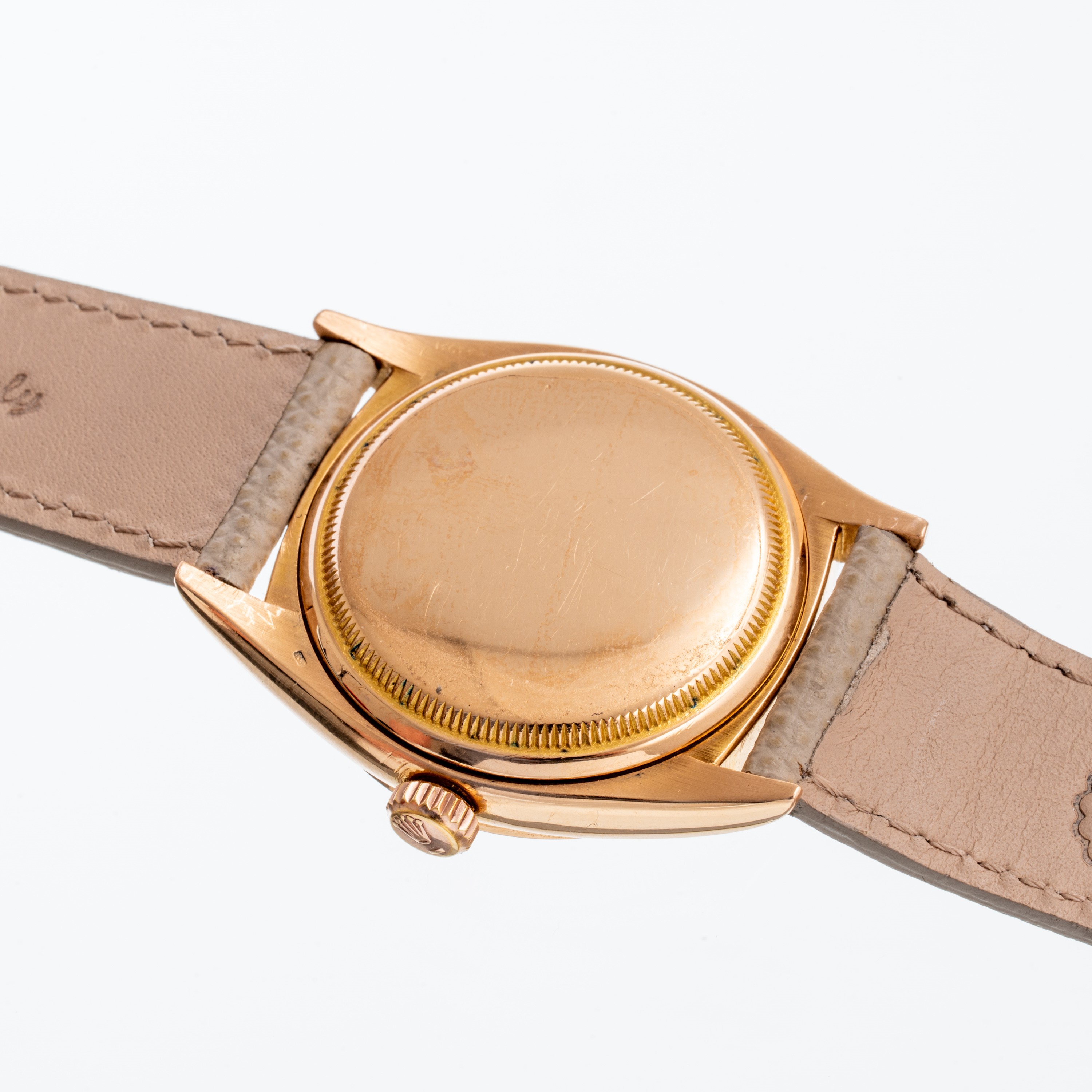 Rolex - Datejust “Ovettone” 6305 1, orologio solo tempo in oro rosa 18 kt con quadrante nero e da...