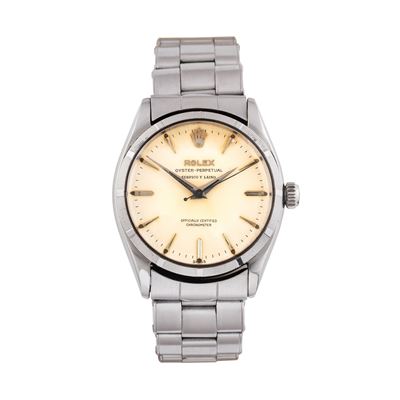 Oyster Perpetual 6565 (1957) – orologio da polso in acciaio con quadrante crema “Serpico y Laino”