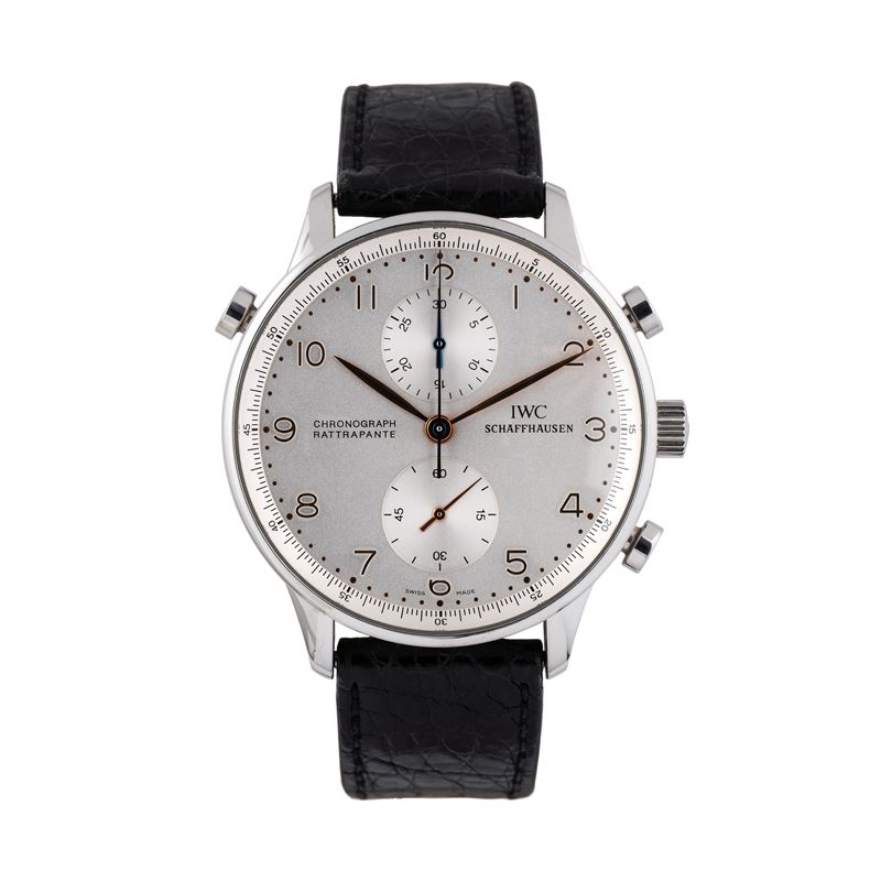 Iwc - Portoghese Rattrappante 3712, cronografo con carica manuale in acciaio, quadrante argenté