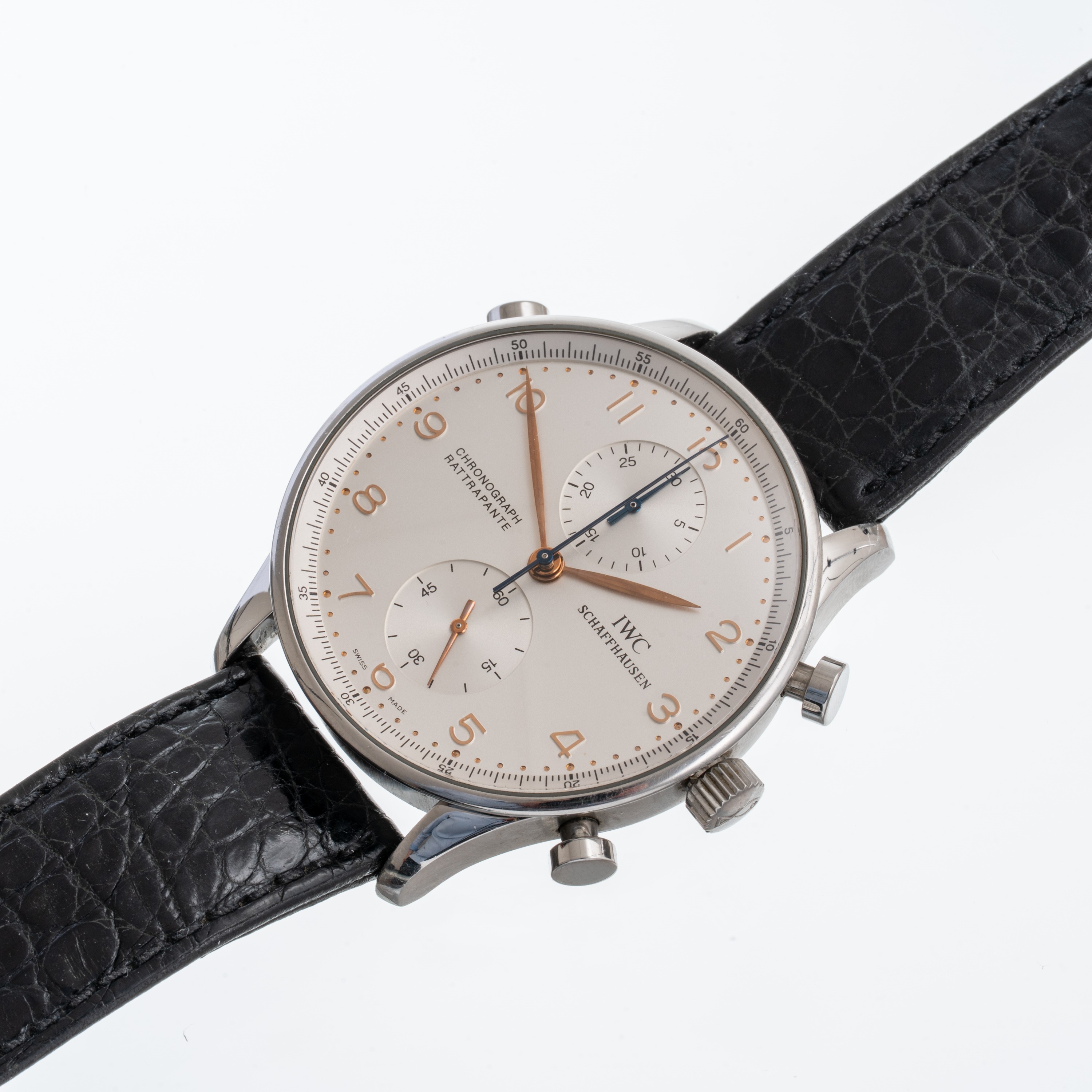 Iwc - Portoghese Rattrappante 3712, cronografo con carica manuale in acciaio, quadrante argenté