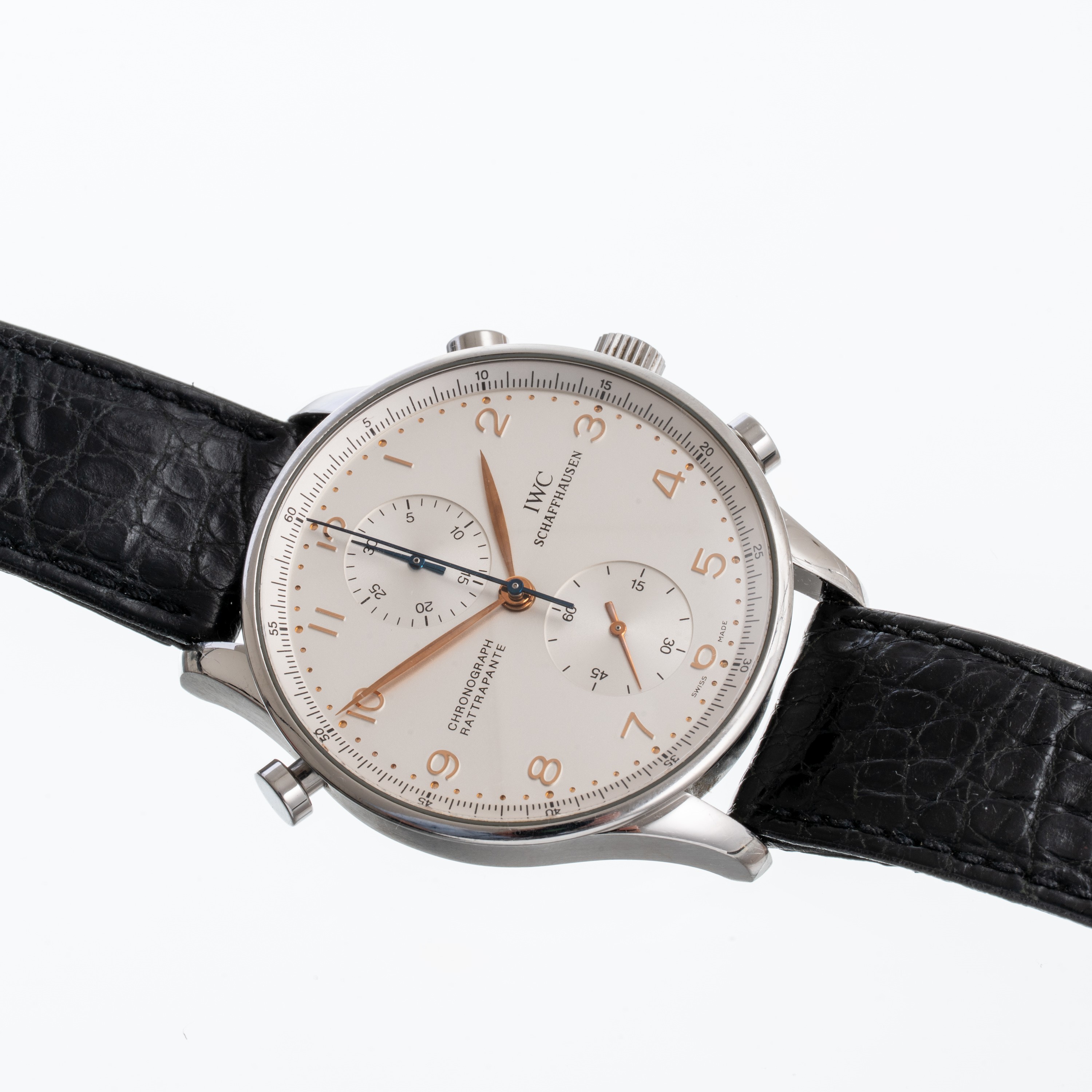 Iwc - Portoghese Rattrappante 3712, cronografo con carica manuale in acciaio, quadrante argenté