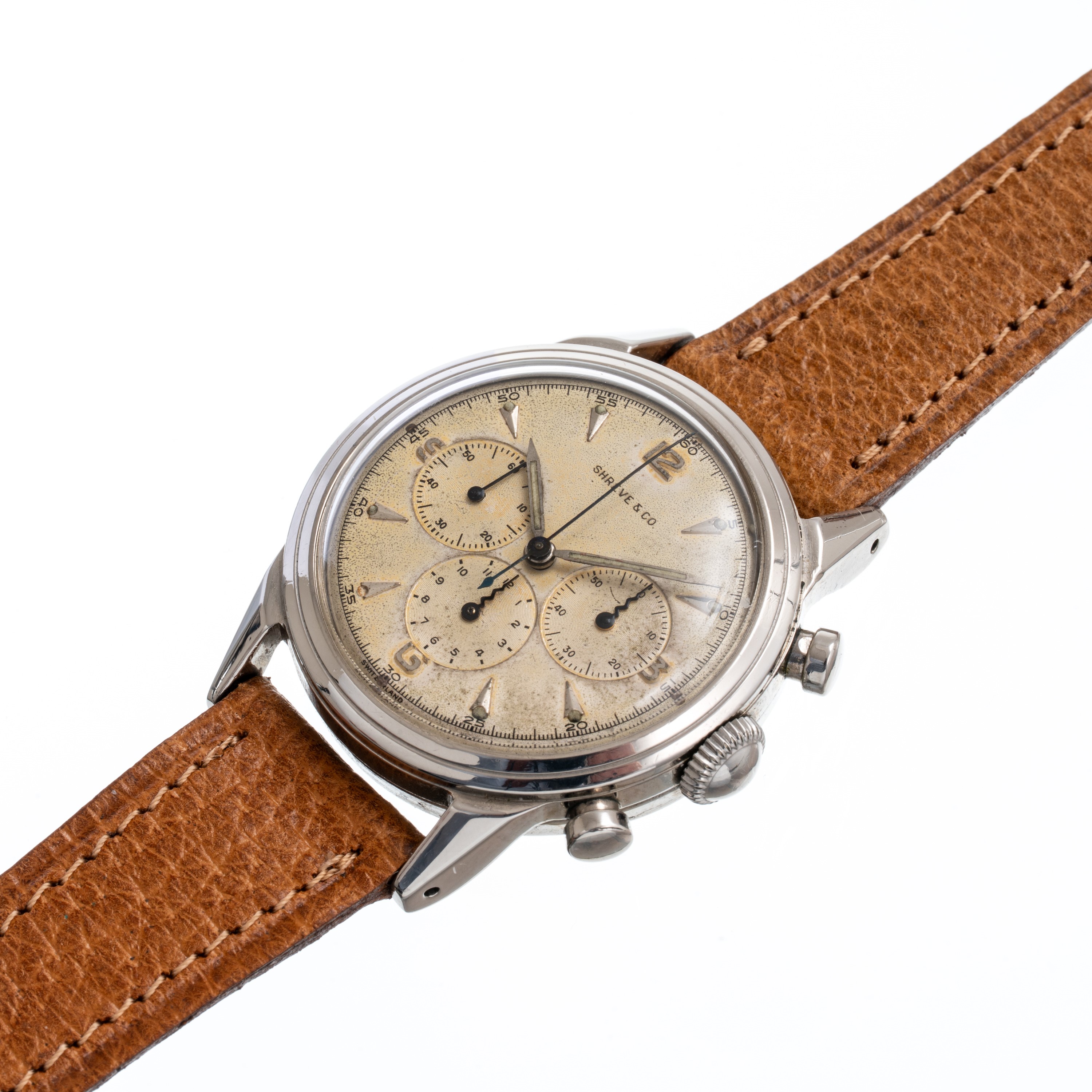 Movado - M95 cronografo a carica manuale in acciaio con quadrante bianco firmato "Shreve & Co"